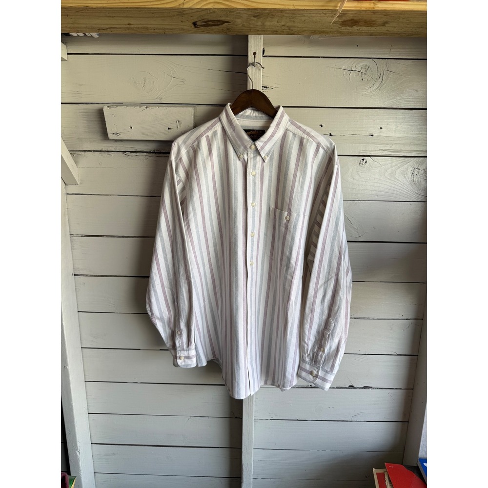 Vintage Eddie Bauer Mens XL Striped Button Down Shirt Cotton Long Sleeve White